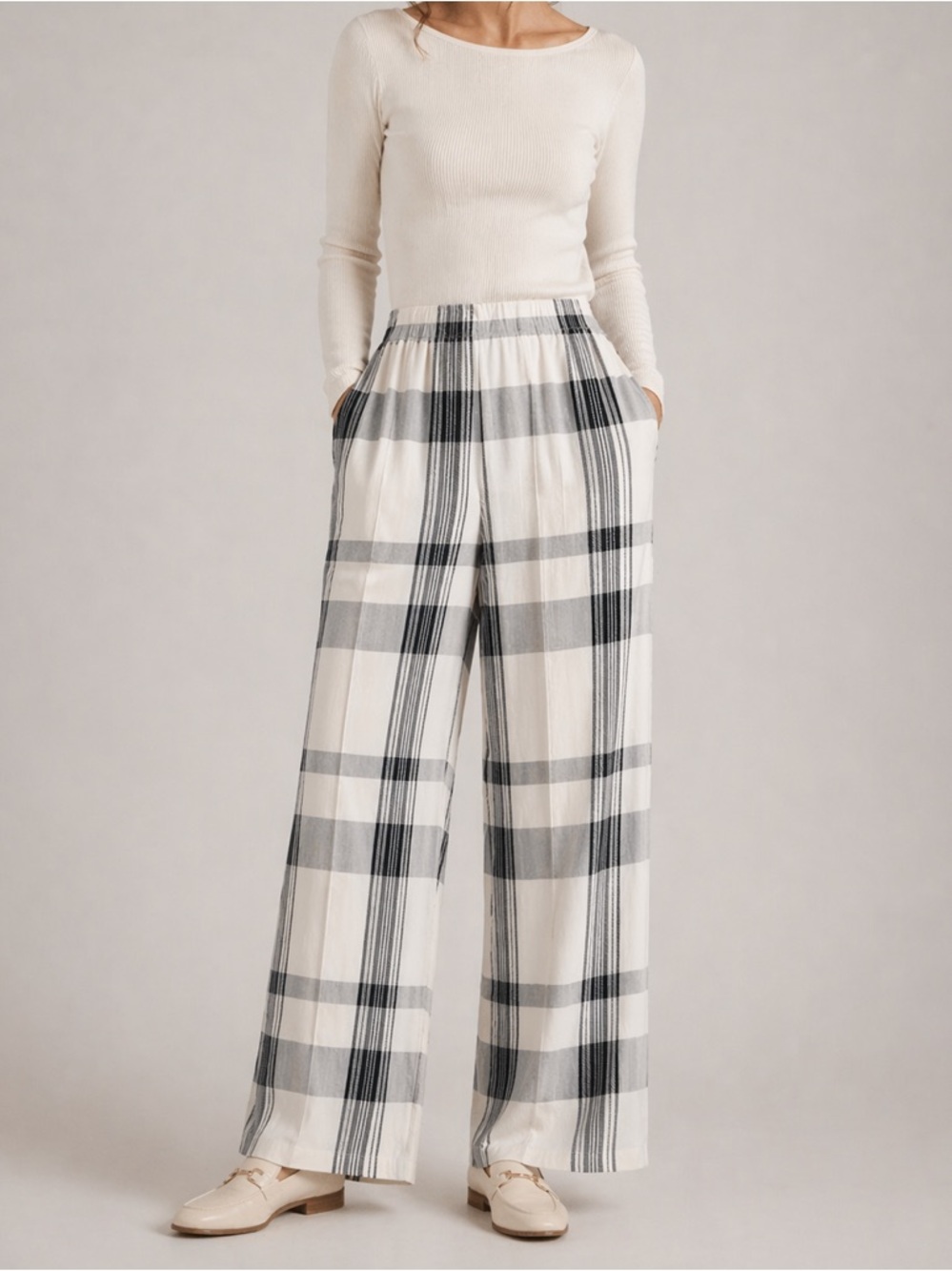 Theory ivory and black plaid silk blend pull on trousers